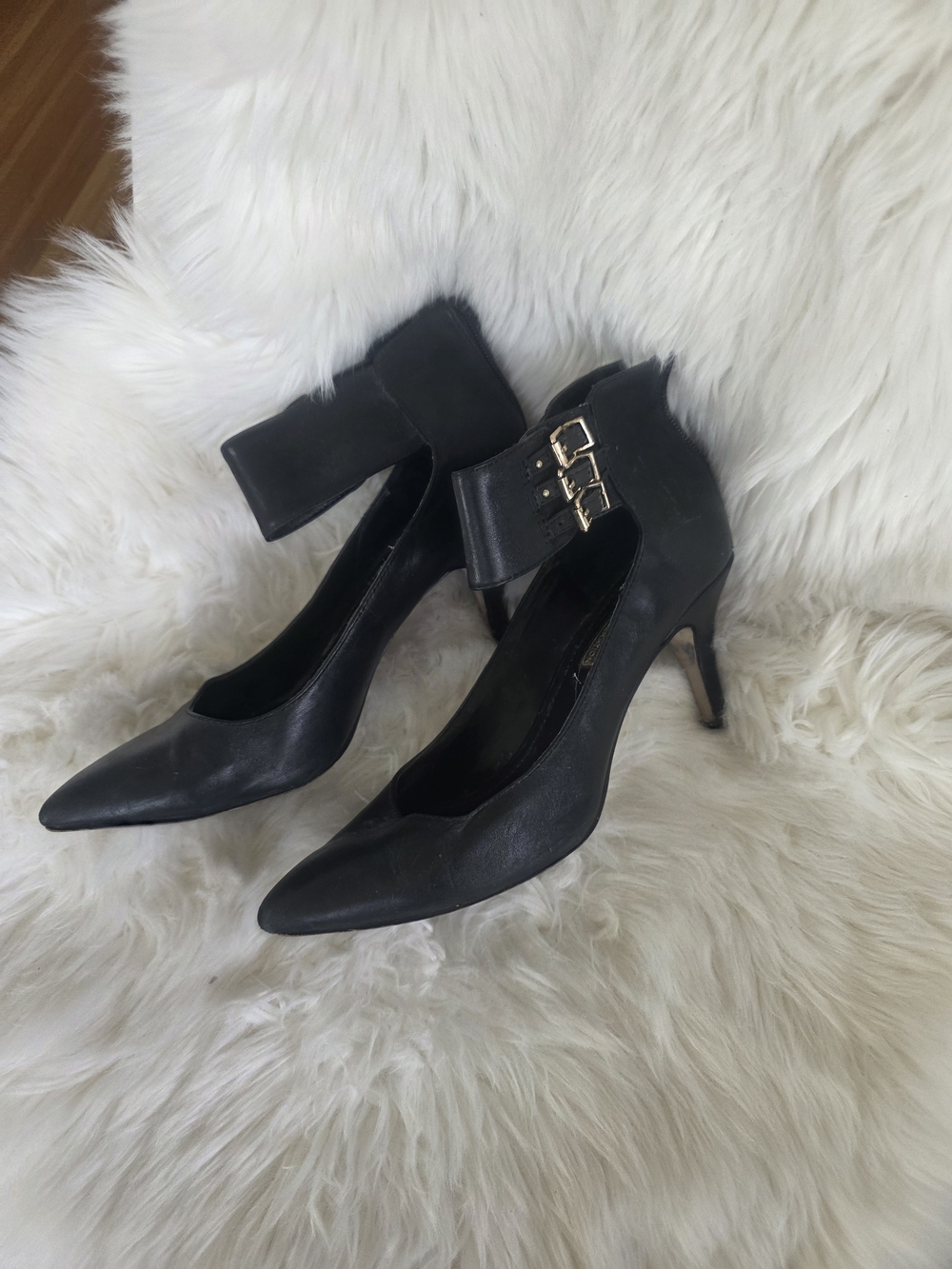 BCBGeneration Black Ankle Strap Heels Pointed Toe Buckle Detail Pumps